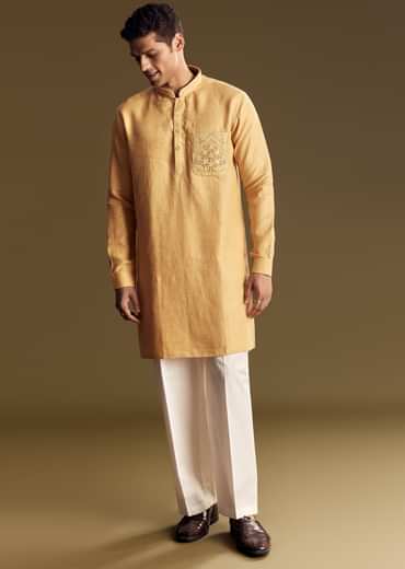 Yellow Linen Kurta Set With Embroidered Thread