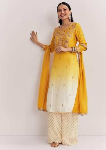 Yellow Ombre Kurta Palazzo Suit With Zardosi And Sequins Work