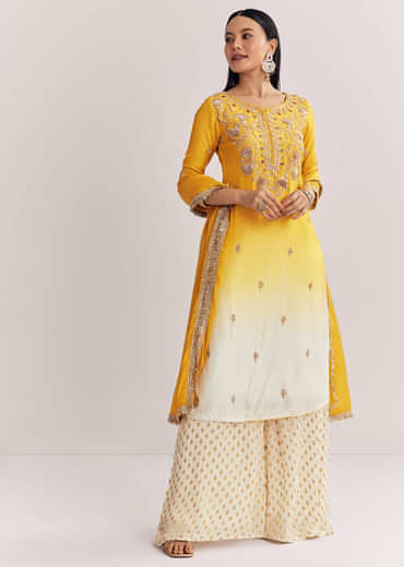 Yellow Ombre Kurta Palazzo Suit With Zardosi And Sequins Work