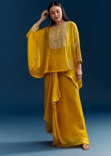 Yellow Organza Crop Top With Asymmetric Design