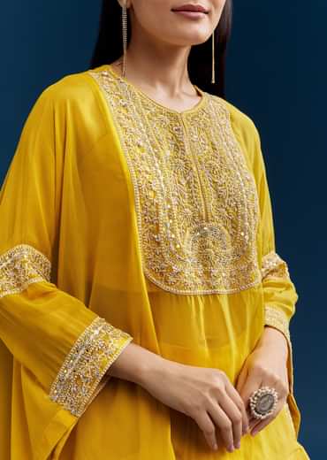 Yellow Organza Crop Top With Asymmetric Design