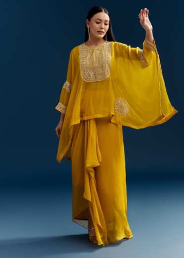 Yellow Organza Crop Top With Asymmetric Design