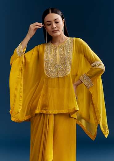 Yellow Organza Crop Top With Asymmetric Design