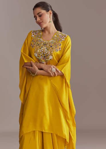 Yellow Organza Kaftan Top And Drape Skirt Set With Resham Work