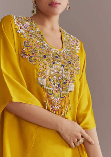 Yellow Organza Kaftan Top And Drape Skirt Set With Resham Work
