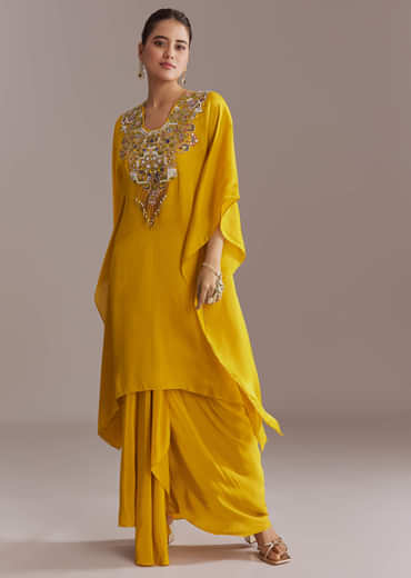 Yellow Organza Kaftan Top And Drape Skirt Set With Resham Work