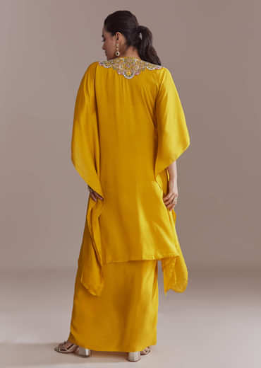 Yellow Organza Kaftan Top And Drape Skirt Set With Resham Work
