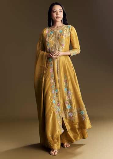 Yellow Palazzo Suit With Resham Kurta Dupatta