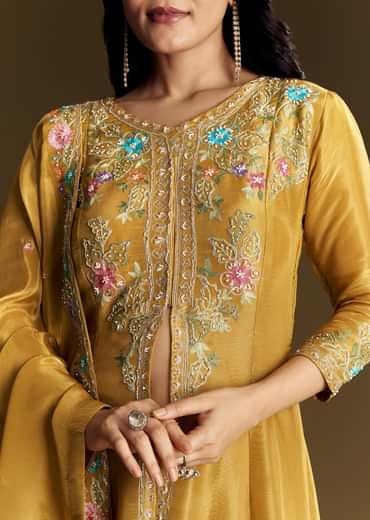 Yellow Palazzo Suit With Resham Kurta Dupatta