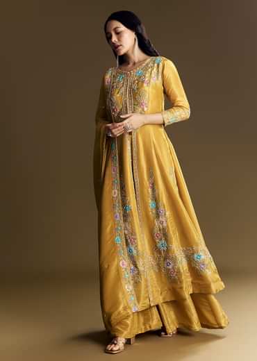 Yellow Palazzo Suit With Resham Kurta Dupatta