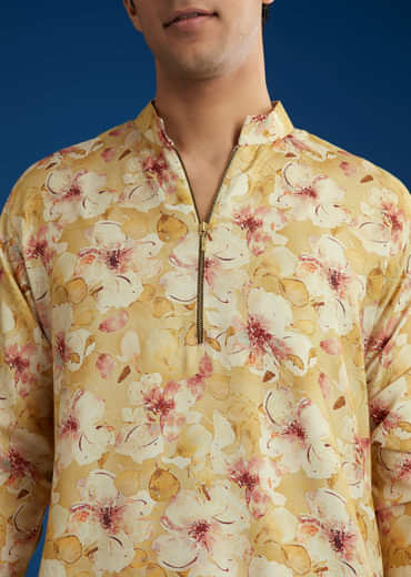 Yellow Pashmina Floral Printed Kurta Set With Zipper