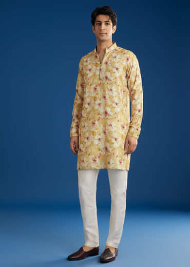 Yellow Pashmina Floral Printed Kurta Set With Zipper