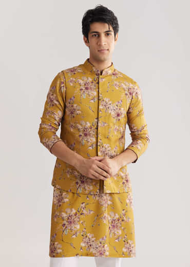 Yellow Pashmina Jacket Kurta Set With Stone Work