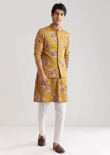 Yellow Pashmina Jacket Kurta Set With Stone Work