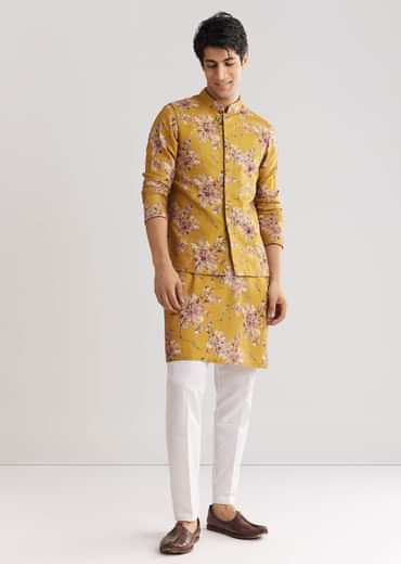 Yellow Pashmina Jacket Kurta Set With Stone Work