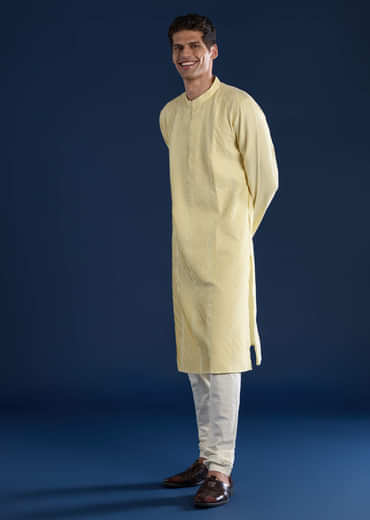 Yellow Pintuck Mens Kurta and Pant Set
