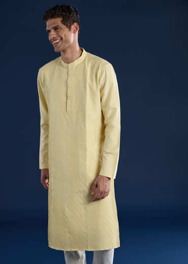 Yellow Pintuck Mens Kurta and Pant Set