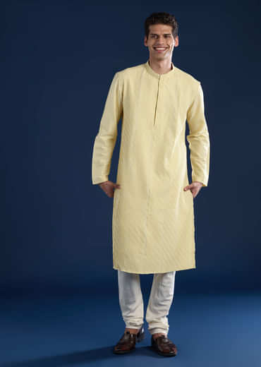 Yellow Pintuck Mens Kurta and Pant Set