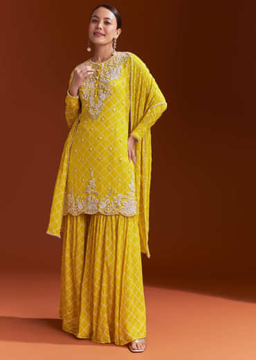 Yellow Chinon Sharara Set With Cutdana And Sequins