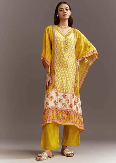 Yellow Printed Crepe Kaftaan Kurta Pant Set With Mirror And Sequins Work