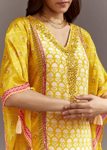 Yellow Printed Crepe Kaftaan Kurta Pant Set With Mirror And Sequins Work