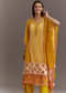 Yellow Printed Crepe Kaftaan Kurta Pant Set With Mirror And Sequins Work