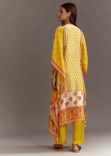 Yellow Printed Crepe Kaftaan Kurta Pant Set With Mirror And Sequins Work