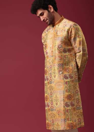 Yellow Printed Kurta Set In Silk