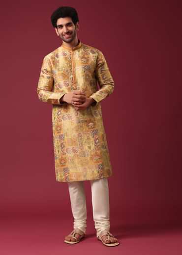 Yellow Printed Kurta Set In Silk