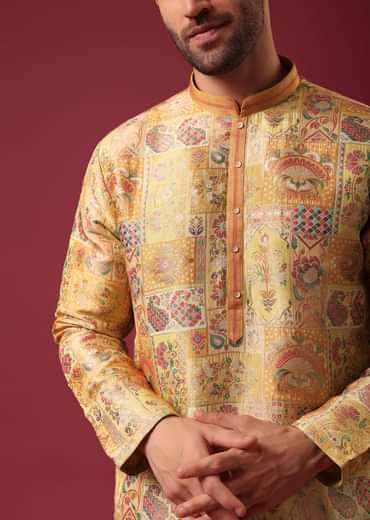 Yellow Printed Kurta Set In Silk