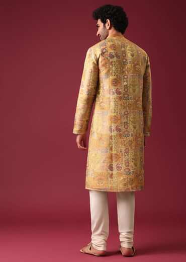 Yellow Printed Kurta Set In Silk