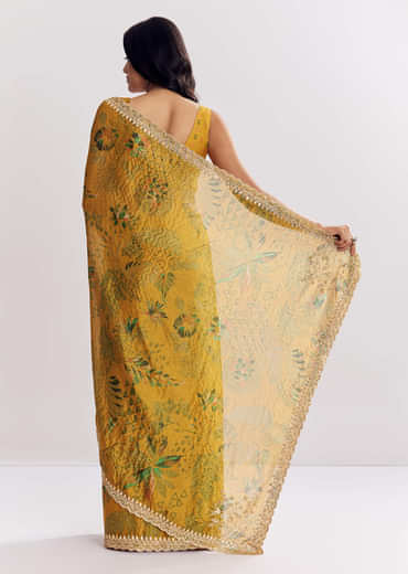 Yellow Printed Tissue Lurex Saree With Zari Mirror And Cutdana Embroidery