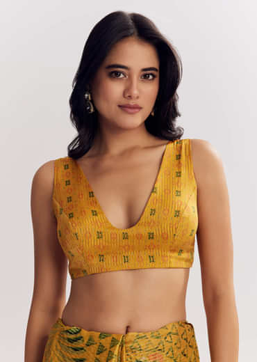 Yellow Printed Tissue Lurex Saree With Zari Mirror And Cutdana Embroidery