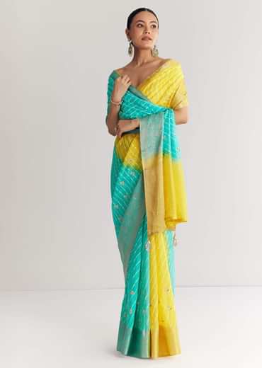 Yellow Rama Saree With Leheriya Print And Floral Gotapatti Embroidery