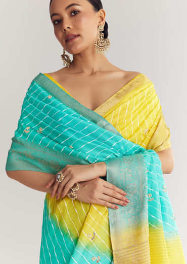 Yellow Rama Saree With Leheriya Print And Floral Gotapatti Embroidery