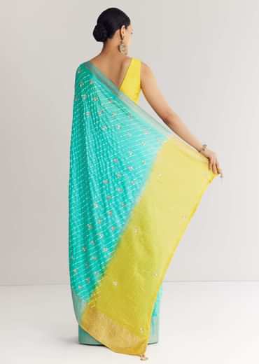 Yellow Rama Saree With Leheriya Print And Floral Gotapatti Embroidery