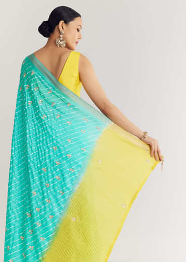Yellow Rama Saree With Leheriya Print And Floral Gotapatti Embroidery