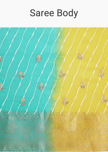 Yellow Rama Saree With Leheriya Print And Floral Gotapatti Embroidery