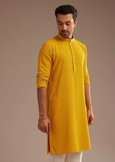 Yellow Rayon Embroidered Kurta Set