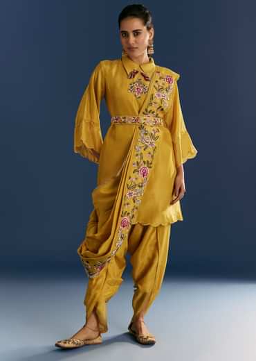 Yellow Resham Embroidered Kurta Dhoti Set With Draped Dupatta And Belt