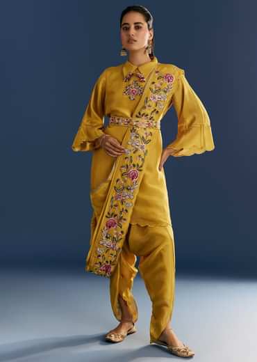 Yellow Resham Embroidered Kurta Dhoti Set With Draped Dupatta And Belt