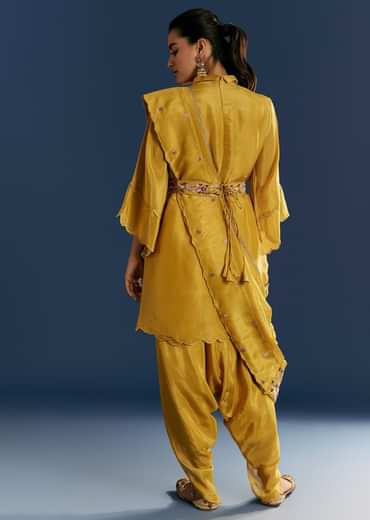 Yellow Resham Embroidered Kurta Dhoti Set With Draped Dupatta And Belt
