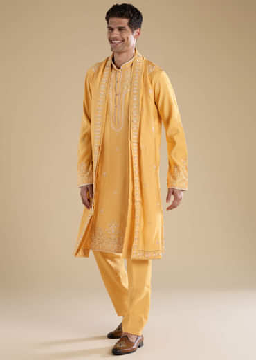 Yellow Resham Work Mens Kurta Set with Dupatta
