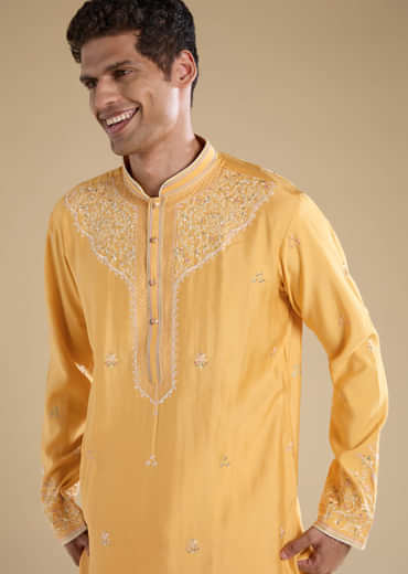 Yellow Resham Work Mens Kurta Set with Dupatta