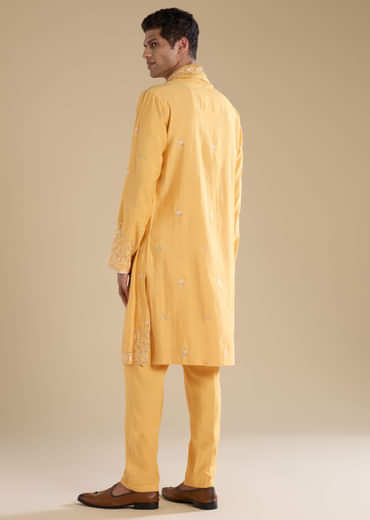 Yellow Resham Work Mens Kurta Set with Dupatta