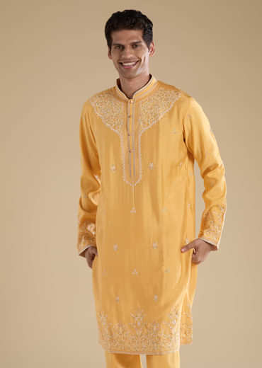Yellow Resham Work Mens Kurta Set with Dupatta