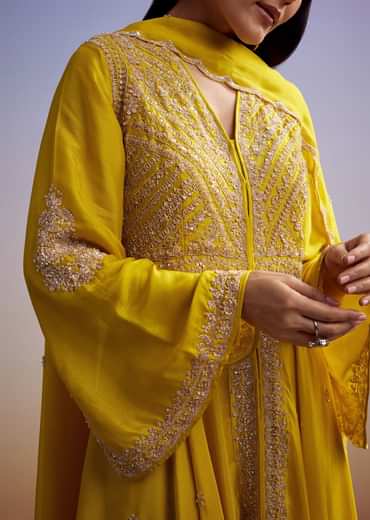 Yellow Russian Silk Palazzo Suit With Cut Dana And Sequins Work