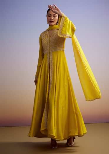 Yellow Russian Silk Palazzo Suit With Cut Dana And Sequins Work
