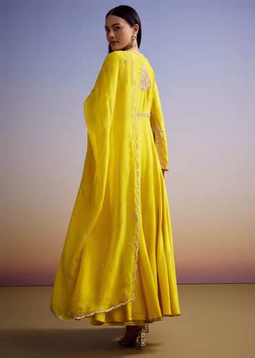 Yellow Russian Silk Palazzo Suit With Cut Dana And Sequins Work