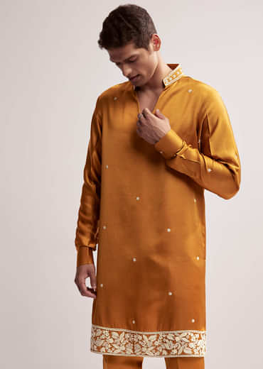Yellow Satin Blend Kurta Set For Men With Hand Embroidered Buttis